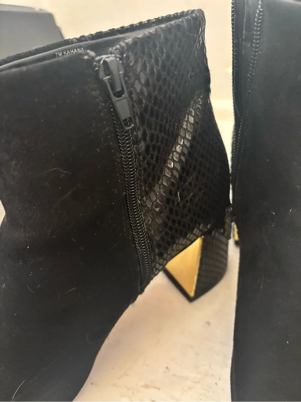 XOXO Women’s Black Suede & Snake-Texture Block Heel Ankle Boots